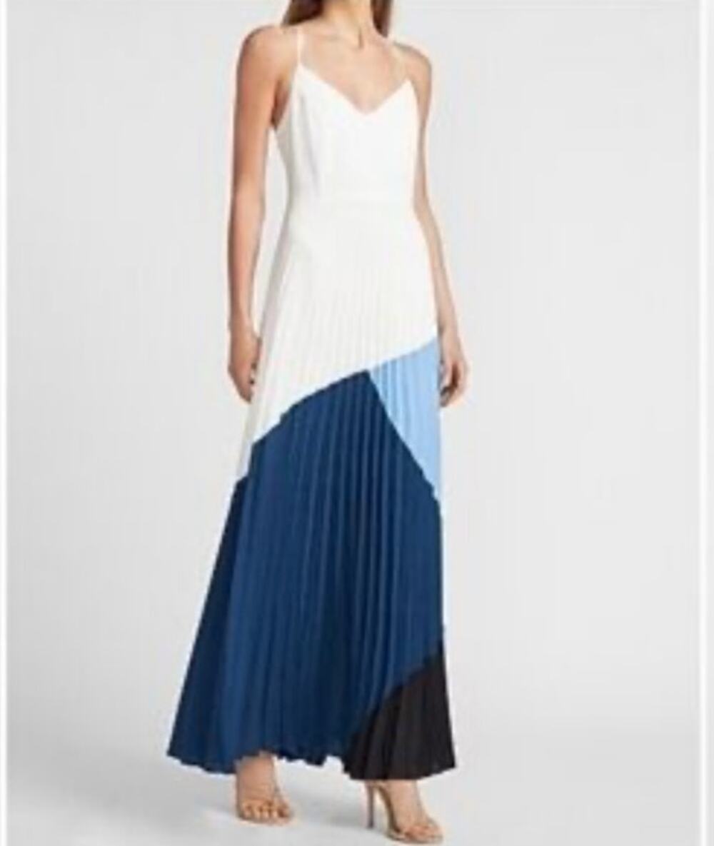 Express Colorblock Pleated Maxi Dress White Blue Ombre Evening Gown Sz XS